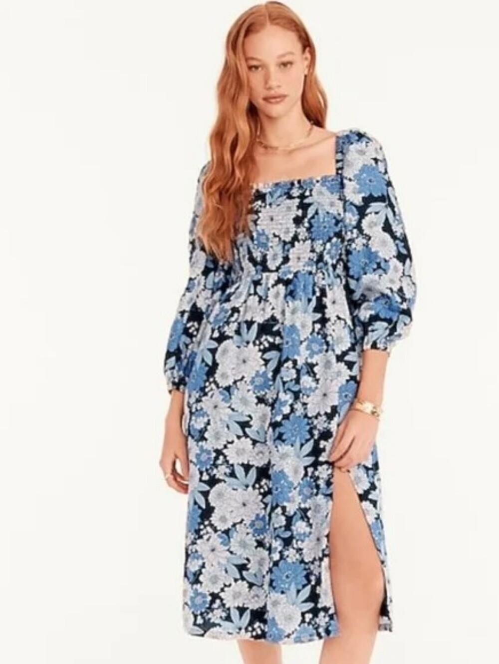J. Crew 100% Linen Daydream Blue Floral  Smocked Long Sleeve Midi Dress  S